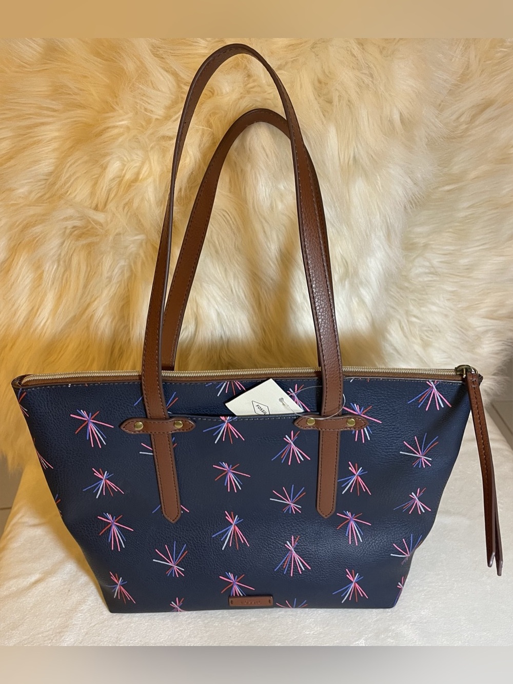 Fossil Felicity Tote — shoulder bag, purse — navy w/starbursts, brown trim. NWT